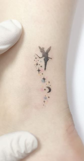 Minimalistic Fairy Tattoo, Fairy Tattoo For Women, Delicate Disney Tattoo, Tiny Tinkerbell Tattoo, Small Fairy Tattoos Simple, Fairy Godmother Tattoo, Tiny Fairy Tattoo Simple, Tinkerbell Tattoo Tiny, Fairy Minimalist Tattoo