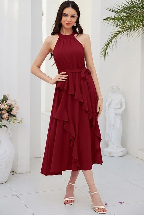 Women's Summer Sleeveless Halter Neck Ruffle Hem Split Flowy Swing Long Midi Dress Long Sleeve Bridal Dresses, Fairy Tale Wedding Dress, Long Midi, Western Dress, Long Midi Dress, Elegant Wedding Dress, Wedding Dresses Unique, Neck Ruffle, Western Dresses