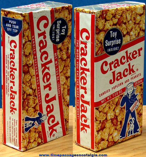 ©1960 Cracker Jack Pop Corn Confection Box - Candy Copated Popcorn, Peanuts and a Prize...That's What You Get With Cracker Jacks! Jack Pop, Cracker Jack, Childhood Memories 70s, Retro Candy, Cracker Jacks, Childhood Days, Vintage Candy, Vintage Memory, Oldies But Goodies