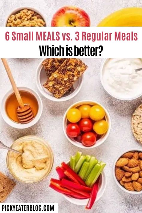 When it comes to your diet, you may wonder what is best, to eat 6 small meals a day, or to have 3 regular meals a day. The truth might surprise you! Here I'll explain the benefits and pitfalls of each, so you can decide what is best for you! Small Meals Throughout The Day, 6 Meal A Day Diet Plan, Eating 6 Times A Day Meal Plan, Eat Every 2 Hours Meals, How Many Meals To Eat A Day, Five Small Meals A Day Plan, How Many Times Should You Eat A Day, 6 Meals A Day Plan Ideas, Eating 5 Small Meals A Day