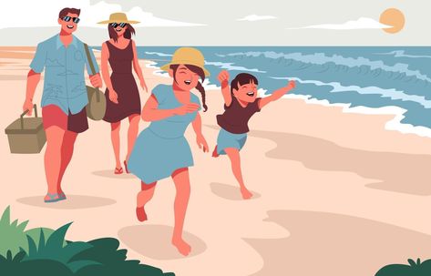 Family Vacation Day in The Beach Teaching Pictures, Vacation Cartoon, Vacation Illustration, Mega Mendung, Beach Vacation Pictures, Beach Cartoon, Beach Drawing, Acrylic Painting Inspiration, Easy Art For Kids