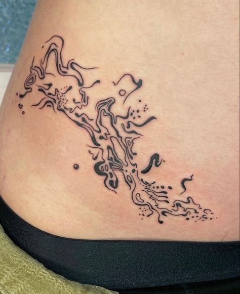 Funky Line Art Tattoos, Goddess Of Water Tattoo, Solid Black Cover Up Tattoo, Water Tattoo Filler, Fire Back Tattoo, White Ink Tattoos On Dark Skin, Abstract Linework Tattoo, Nature Based Tattoos, Thick Lined Tattoos