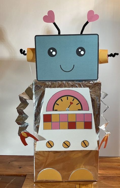 Kindergarten Robot Project, How To Make A Robot Out Of Boxes, Robot Box Craft, 3d Shape Robot Project, 3d Robot Project, Robot Valentine Cards, Craft For Valentines Day, Robot Template, Shape Robot