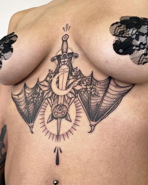 Bat Dagger Tattoo, Bat Sternum Tattoo, Women Sternum Tattoo, Sternum Tattoos For Women, Tattoo Frau, Tattoo Therapy, Sternum Tattoos, Sternum Tattoo Design, Bat Hanging