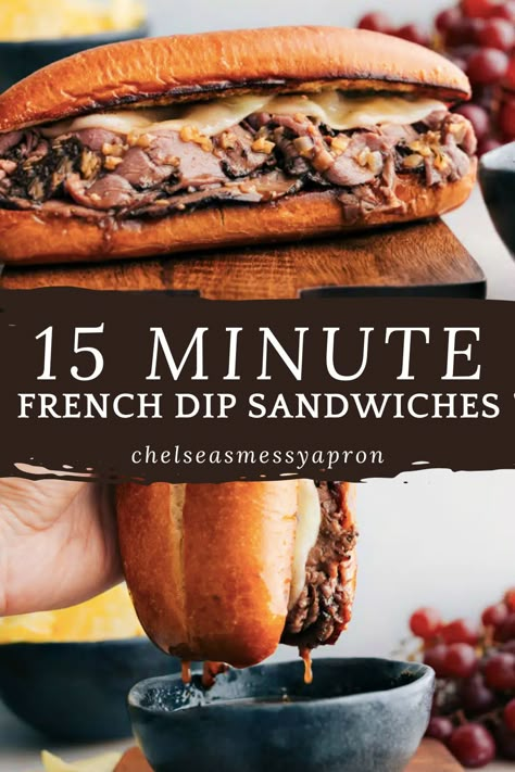 Easy French Dip Sandwiches are one of my go-to weeknight meals! Deli roast beef on toasty buttered buns with melty cheese — does it get any better than this?! #dinner #best #quick #easy #simple #frenchdip #sandwiches Deli Meat French Dip Sandwich, French Dip Crock Pot Shaved Beef, Easy Beef Dip Sandwiches, Garlic Bread Roast Beef Sandwich, Quick French Dip Sandwich, French Beef Dip Sandwiches, French Dip With Shaved Beef, Crockpot Frenchdip Sandwiches, Easy Italian Beef Sandwiches