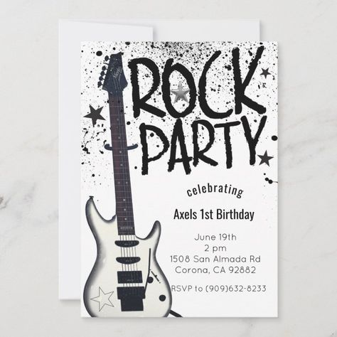 Rock Star Party Guitar Birthday Event Invitations | Zazzle.com Rock Star Party Favors, Rock Birthday Party, Festa Rock Roll, Guitar Birthday, Rock Birthday, Rock Star Theme, Pop Star Party, Rockstar Party, Rock And Roll Birthday