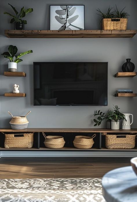 Tv Wall Room Ideas, Mcm Tv Wall Ideas, Living Room Tv Mounted On Wall, Wall Mount Shelves Living Room, Tv Wall Mount With Shelves, Flat Living Room Ideas Modern, Tv Unit Shelves Decor, Aesthetic Living Room With Tv, Accent Wall With Mounted Tv