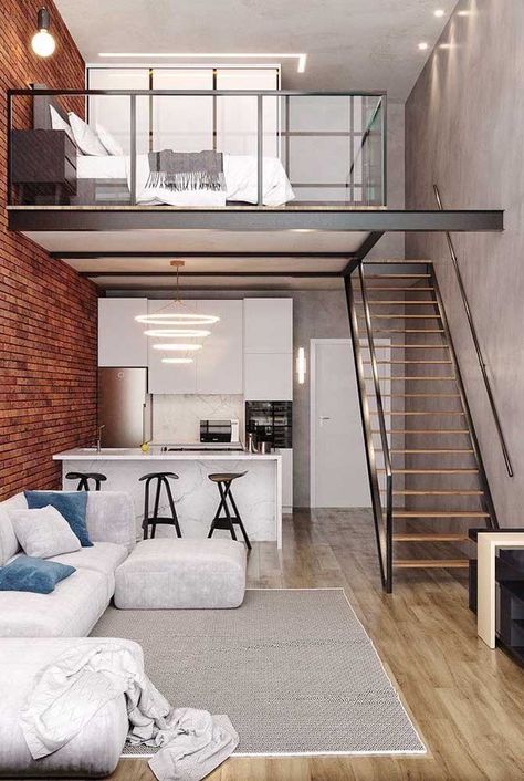 Loft industrial: O que é? Como decorar, Dicas e 50 Fotos Duplex Loft Design, Small Lofts Apartments, Duplex Loft Apartments, Small Apartment With Loft, Mezanine Interior Small House Plan, Duplex Apartment Ideas, Loft Design Interior Small Houses, Small Duplex House Design Interiors, Small House With Mezzanine