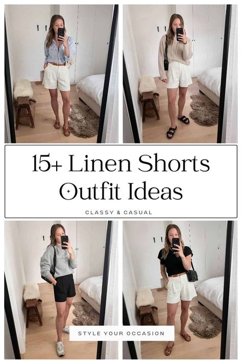 High Waisted Shorts Outfit Summer Classy, Sophisticated Shorts Outfits, Canvas Shorts Outfits, Womens Linen Shorts Outfit, Linen White Shorts Outfit, High Waisted Linen Shorts Outfit, Styling Black Linen Shorts, Black Linen Shorts Outfit Casual, Khaki Linen Shorts Outfit