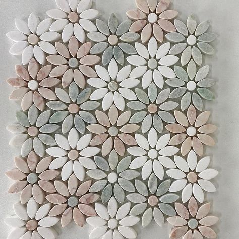 Cute Bathroom Tile Ideas, Flower Mosaic Tile Bathroom, Bathroom Tiles Mosaic, Flower Kitchen Tile, Mosica Tiles Bathroom Design, Daisy Tiles Bathroom, Cool Floor Tile, Floral Shower Tile, Mosaic Tile Laundry Room