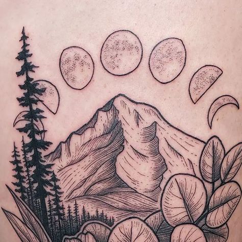 Lizzy Dalton on Instagram: "Custom Mt. Hood design with manzanita, iris, and moon phases. Always love a tattoo with mountains and botanicals! Thanks so much Nikki from bringing me this fun concept!  . #tattoo #blackworktattoo #lineworktattoo #etchingtattoo #woodcuttattoo #engravingtattoo #blackandgraytattoo #mountaintattoo #landscapetattoo #mthoodtattoo #botanicaltattoo #naturetattoo #portlandtattoo #pdxtattoo #pnwtattoo #oregontattoo" Mt Hood Tattoo, Mountain And Moon Tattoo, Tattoo With Mountains, Oregon Tattoo, Pnw Tattoo, Concept Tattoo, Portland Tattoo, Etching Tattoo, Woodcut Tattoo