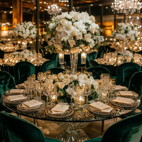 Elevate your wedding reception with this ultra-luxurious black-tie event decor, featuring lush white floral arrangements, emerald green velvet seating, and sparkling gold accents. Perfect for couples seeking an elegant and sophisticated vibe, this setup exudes timeless glamour. The stunning centerpieces and crystal accents create a breathtaking, unforgettable atmosphere. Save this pin for inspiration #LuxuryWedding #BlackTieWedding #WeddingInspiration #ElegantWeddings #GlamorousWedding Sage Green Black Tie Wedding, Black Gold And Green Wedding Theme, Elegant Green Wedding Decor, Hunter Green Gold And Ivory Wedding, Emerald Green Black And Gold Wedding Decor, Green Venue Wedding, Green And Silver Table Decor, Emerald Green And Gold Wedding Decor Receptions, Emerald Green Quinceanera Table Decor