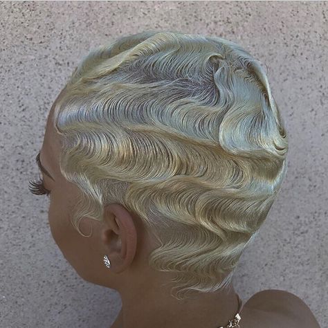 Finger Waves Back Of Head, Finger Waves For Black Women Dyed, Finger Waves Aesthetic, Waves On Black Women Short Hair, Women Waves Haircut, Platinum Fingerwaves, Waves Hair Girl, Colored Finger Waves, Waves On Black Women