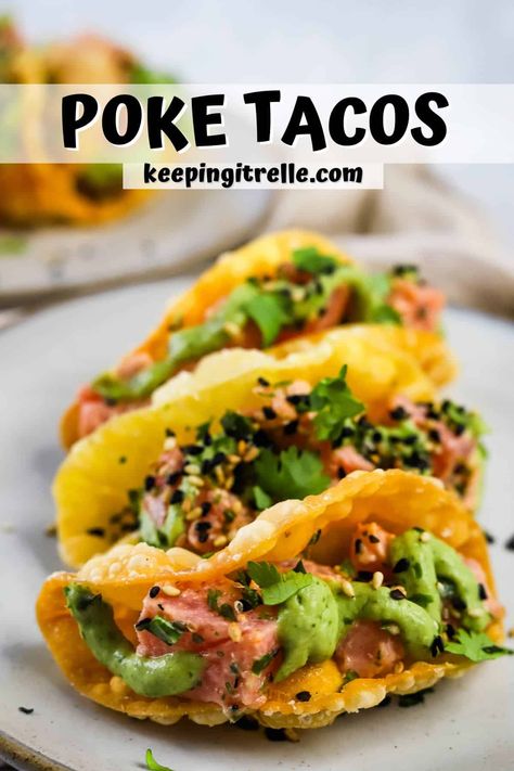 Ahi Tuna Ideas, Poke Tacos Recipe, Poke Tuna Tacos, Tuna Poke Tacos, Spicy Tuna Tacos, Ahi Tuna Wonton Appetizers, Blue Fin Tuna Poke Recipe, Seared Ahi Tuna Wonton Tacos, Wonton Tuna Tacos