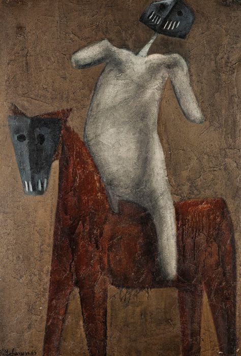 Bahman Mohasses 1931-2010 IRANIAN UNTITLED signed and dated B. Mohasses '65 oil on canvas 100.3 by 70cm.; 39 1/2 by 27 1/2 in. Bahman Mohassess, Painted Horses, Italian Sculptors, Equestrian Statue, Classical Period, Venice Biennale, Horse Painting, British Museum, Figure Painting