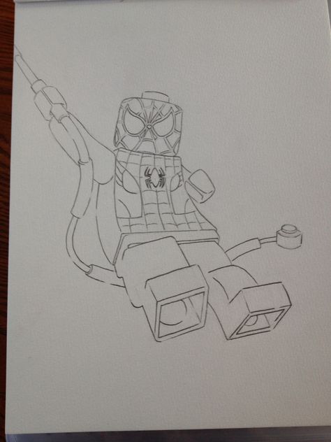 I just sketched this out to later paint with Acrylics for my sons' room. He loves Legos and Spider-Man. Lego Spider Man Drawing, Lego Sketch Drawing, Spiderman Drawings Sketches, Spiderman Swinging Drawing, Lego Spiderman Drawing, Easy Drawings Sketches Ideas, Spider Man Sketch Easy, Legos Drawing, Spider Man Drawing Ideas