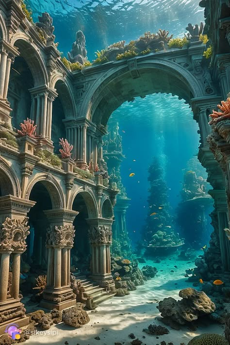 Explore the depths of Neptune's domain through this AI-generated seascape. Majestic columns and intricate arches tell tales of a lost underwater civilization, imagined by advanced technology. #NeptuneRealm #DigitalMythology #StableDiffusionArt Underwater Cave Entrance, Lost City Of Atlantis Aesthetic, Mermaid Village, Underwater Civilization, Seaside Kingdom, Mermaid City, Atlantis Art, Underwater Castle, City Under The Sea