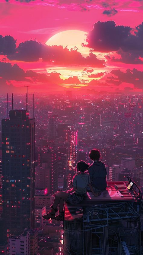 Anime Sunset Wallpaper, Anime City Aesthetic, Couple On Rooftop, Anime Cityscape, Aesthetic Cityscape, Pink Sky Sunset, City Skyline Night, City Rooftop, City Couple