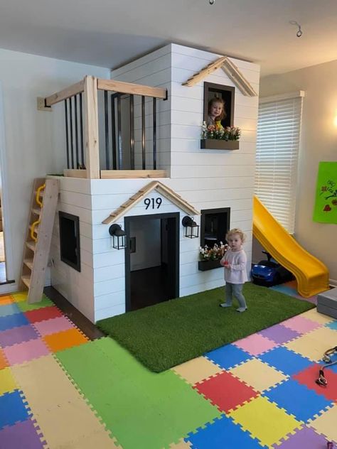 Play House In Basement, Playroom Playhouse With Slide, Inside Playhouse Ideas Small Spaces, Loft In Playroom, Indoor Playroom With Slide, Playhouse In Basement, Basement Playhouse Ideas, Diy Indoor Playhouse With Slide, Playroom With Playhouse