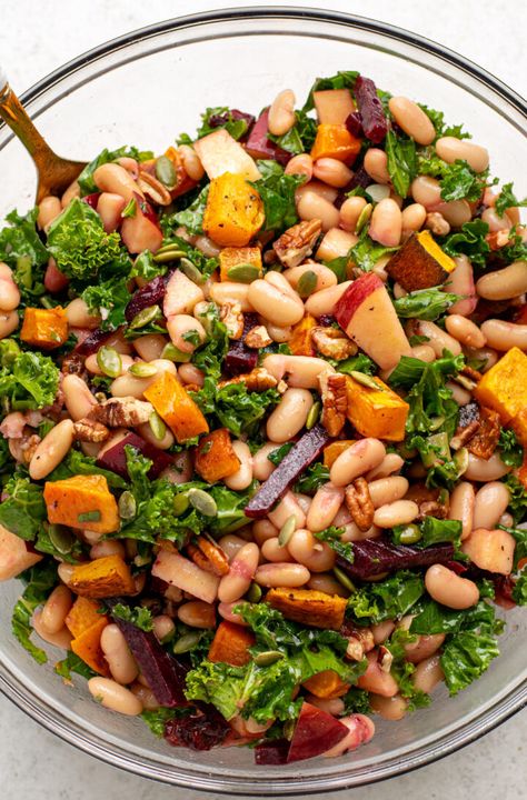 Fall Harvest Dense Bean Salad - Olivia's Kitchen Salad With Squash, Maple Dijon Dressing, Protein Pasta Salad, Bean Salads, Roasted Vegetable Pasta, Dijon Dressing, Harvest Salad, Bean Salad Recipes, Fall Dishes