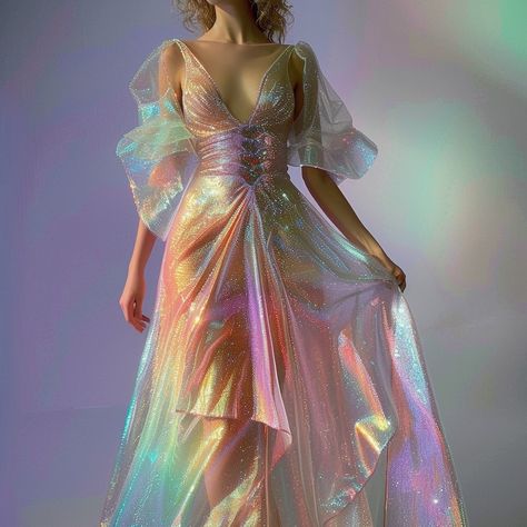 Opal Aesthetic Outfit, Iridescent Organza Dress, Magic Aesthetic Outfits, Opalescent Dress, Mermaid Dress Aesthetic, Holographic Gown, Pearlescent Aesthetic, Hologram Outfit, Iridescent Wedding Dress