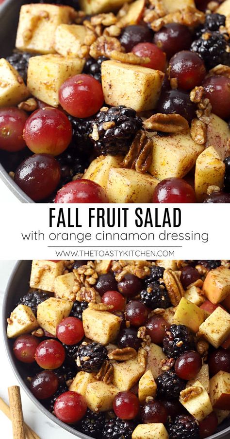 This fall fruit salad is filled with fresh apples, blackberries, grapes, and pecans. Drizzled with a homemade cinnamon orange dressing that packs tons of fall flavor! Fall Fruit Salad, Cinnamon Dressing, Orange Dressing, Fall Fruit, Cinnamon Orange, Desserts Healthy, Fall Fruits, Makanan Diet, Summer Dessert Recipes