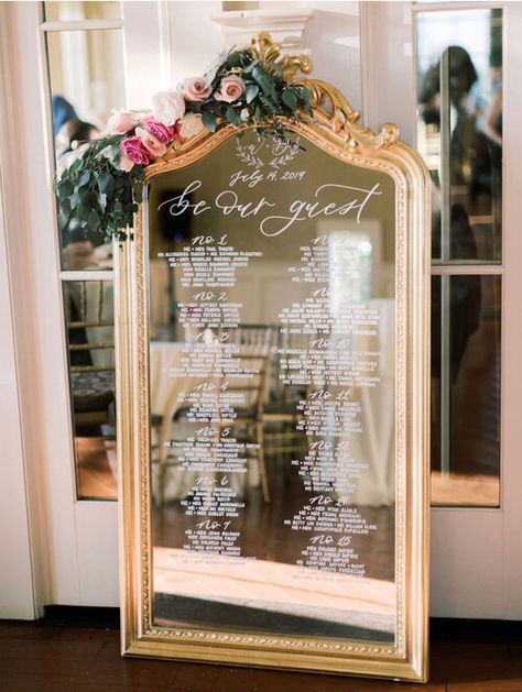 Mirror Table Chart Wedding, Table Seating On Mirror, Seating Chart On A Mirror, Table Seating Mirror, Wedding Seating Chart Ideas Mirror, Mirrors For Wedding Decor, Vintage Wedding Seating Chart, Quinceanera Sign In Ideas, Elegant Seating Chart Wedding