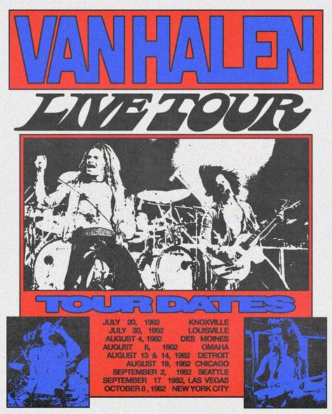 Echoes of Rock's Golden Era 🎸🔴🔵 This poster celebrates the @vanhalen 1982 live tour and reverberates with the raw energy of live music, captured in a halftone print that harks back to the gritty soul of 80's rock concerts.⁣ ⁣ Radical poster by @fairict⁣ ⁣ #indiefound #creativecommunity #inspiration #graphicdesign #rockposter #halftone #livemusic #vintageposter Vintage Rock And Roll Posters, Live In Concert Poster, Rock Tour Posters, 80 Poster Design, Rock Band Concert Poster, Old Rock Posters, 90s Tour Poster, Old Concert Posters, Heavy Metal Poster Design