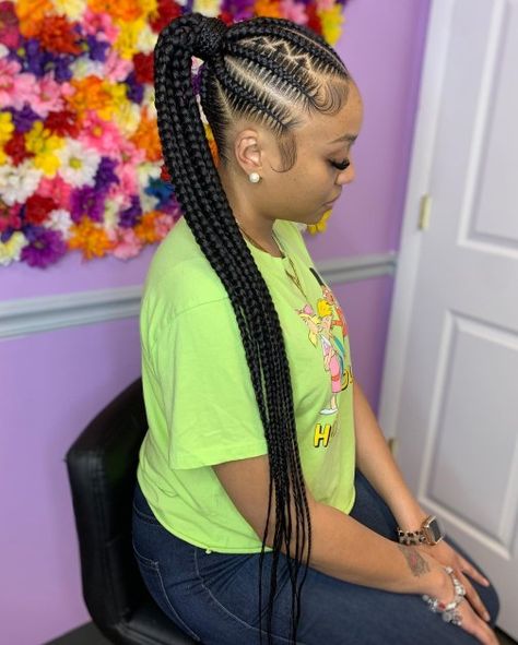 Stitch Braids to Extra-Long Ponytail Jumbo Feed In Ponytail, Stitch Braid Updo Ponytail, Stitch Braided Ponytail Hairstyles, Low Stitch Braid Ponytail, Stitch Braids With Design Ponytail, Stitch Braid Ponytail With Design, Stitch Braids Into Ponytail, Feed In Braids Hairstyles Ponytail, Ponytail Stitch Braids