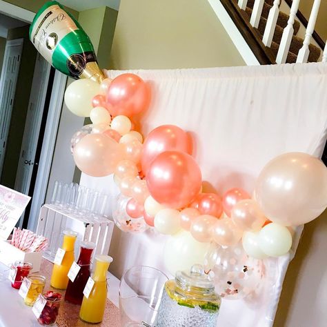 Bachelorette Party Balloon Garland, Mimosa Party Decorations, Mimosa Bar Backdrop, Bridal Brunch And Bubbly, Pink And Peach Bridal Shower Decor, Brunch Ideas Bachelorette, Botox And Bubbly Party Decor, Pink Mimosa Bar, Bridal Shower Mimosa Theme