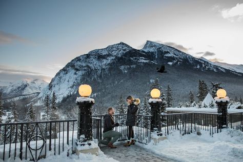 Banff Springs Hotel Surprise Proposal - Banff Proposal Photographer via Kim Payant Photography, Banff Springs Hotel Surprise Corner Winter Engagement Photos, Winter Proposal, Winter engagement, mountain engagement, Banff engagement and proposal photographer, #Banffengagementphotographer #banffwinterengagementphotos #winterengagementphotoinspiration #mountainengagement #mountainproposal #banffproposalphotographer Proposal Mountain, National Park Proposal, Sunrise Proposal, Banff Engagement, Mountain Proposal, Romantic Winter Getaways, Banff Springs Hotel, Park Proposal, Rocky Mountain Elopement