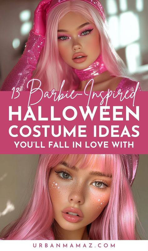 Looking for barbie inspired Halloween costume ideas you'll fall in love with? Check out this list of our 13 favorite barbie inspired Halloween costume ideas to rock your party this year. Creepy Barbie Costume, Hot Pink Costume Ideas, Diy Doll Costume For Women, Halloween Costume With Pink Hair, Barbie Witch Costume, Pink Wig Halloween Costume Ideas, Characters With Pink Hair Halloween, Pink Hair Costume Ideas Halloween, Barbie Halloween Costume Ideas