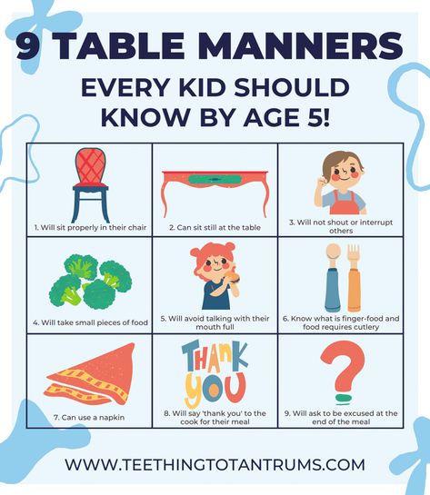 9 Top Table Manners For Kids You Must Teach Before They're 6 Table Manners For Kids Printables, Meal Etiquette, Table Manners Poster, Table Manners For Kids, Kids Table Manners, Teaching Tables, Table Manner, Good Table Manners, Etiquette Classes