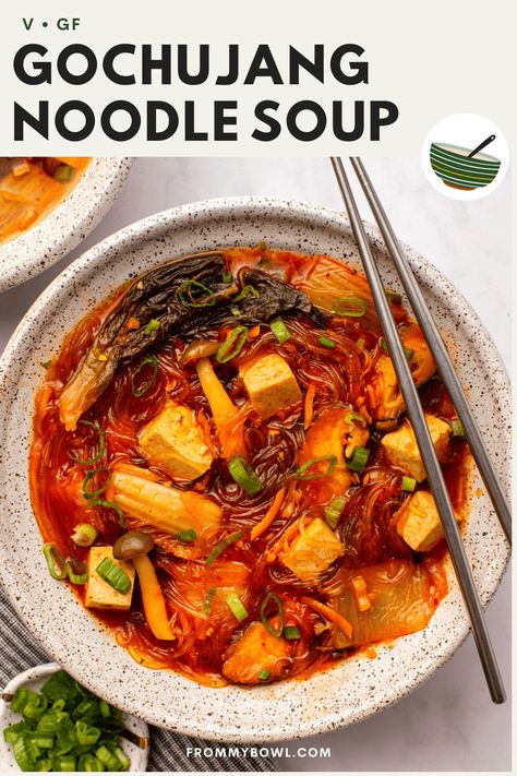 Gochujang Tofu Soup, Gochujang Soup, Gochujang Noodles, Meal Prep Vegan, Tofu Noodles, Tofu Soup, Seaweed Snacks, Vegan Soups, Vegan Meal Prep