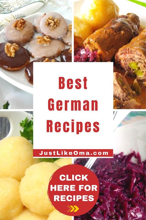 Looking for the BEST German recipes just like Oma used to make? You'll find hundreds of quick, popular and traditional German food here! From breads to soups to mains to side dishes to desserts, and, of course tortes! Go to https://www.quick-german-recipes.com/ for all these delicious recipes! Traditional German Recipes, German Recipes Dinner, German Food Recipes, Traditional German Desserts, Bienenstich Recipe, German Meat, Best German Food, Easy German Recipes, Traditional German Food