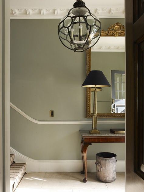 Modern Country Style: The Best Paint Colours For Small Hallways Click through for details. Farrow and Ball Pigeon Hallway Paint Colors, Victorian Hall, Hallway Paint, Victorian Hallway, Hallway Colours, Green Hallway, Hallway Inspiration, Modern Country Style, Dado Rail