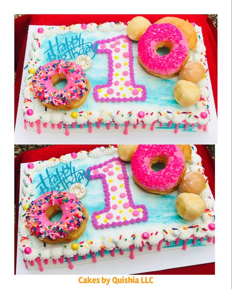 Donut Sheet Cake Birthday, Sweet One Sheet Cake, Sweet One Cupcake Cake, Donut Sheet Cake, Donut Half Birthday Party, Sweet One First Birthday Sheet Cake, Girls Donut Birthday Cake, Dount Cake Idea, Donut Birthday Party Cake