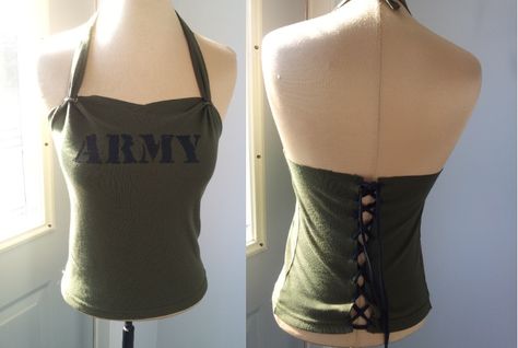 army halter/laced back Tshirt Into Halter Top, Halter Top Tutorial, Halter Corset, Diy Cut Shirts, Summer Sewing Projects, Diy T Shirt, Summer Sewing, Shirt Refashion, Cut Tshirt