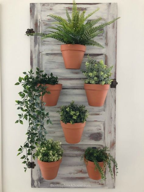 Antique Door Wall Planter Old Door Planter Ideas, Antique Door Wall Decor, House Ideas Country, Door Planter Ideas, Green House Ideas, House Front Garden, Front Garden Design Ideas, Small Porch Ideas, Wall Planters Outdoor