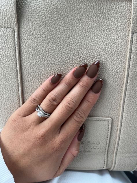 Mat Nails With Glossy Tips, Matt With Gloss Tips Nails, Matt And Gloss Nails, Brown Matte Nails Design, Brown Matte Nails, Matte Brown Nails, Matted Nails, Matte Nails Design, Diamond Nails