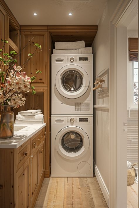 Tiny Laundry Mudroom, Narrow Laundry Rooms Ideas, Stacked Laundry Room Closet, Stacking Washing Machine And Dryer, European Laundry In Kitchen, Laundry Nook In Bathroom, Laundry Room Deep Freezer, Garage And Laundry Room Addition, Small Laundry Room Ideas Stackable Mudroom