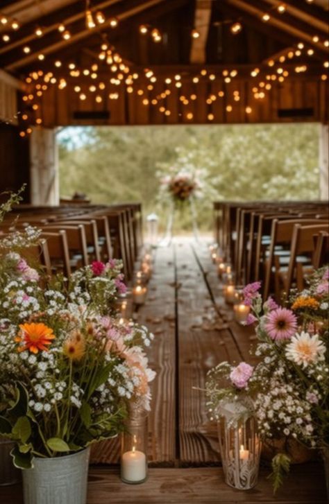 Rustic elegant barn wedding ceremony with wild flowers Spring Wedding Rustic Decor, Whimsical Country Wedding, Outdoor Spring Wedding Ideas Rustic, June Country Wedding, Wildflower Wedding Ceremony Decor, Wildflower Farm Wedding, Wedding Ideas Wildflowers, Ceremony Wildflowers, Wild Flower Field Wedding