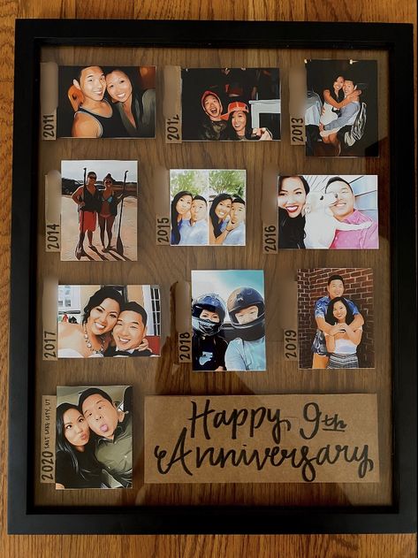 Anniversary gift ideas, collage, cartoonized photos, nine year anniversary  - picture frame from walmart  - app (cartoon face) to turn photos into cartoon-like - used collage app (pic collage) to make two photos fit into a 4 x 6 then printed them  - cardstock from hobby lobby  - 3 micron pens (brush, 1, and 2) Picture Anniversary Gifts, 6 Month Anniversary Picture Frame, 2x3 Photo Ideas, Anniversary Picture Collage Ideas, Diy Anniversary Picture Gifts, Couples Framed Pictures, Anniversary Gift Ideas For Him Pictures, Anniversary Picture Board, Diy Pic Collage Ideas