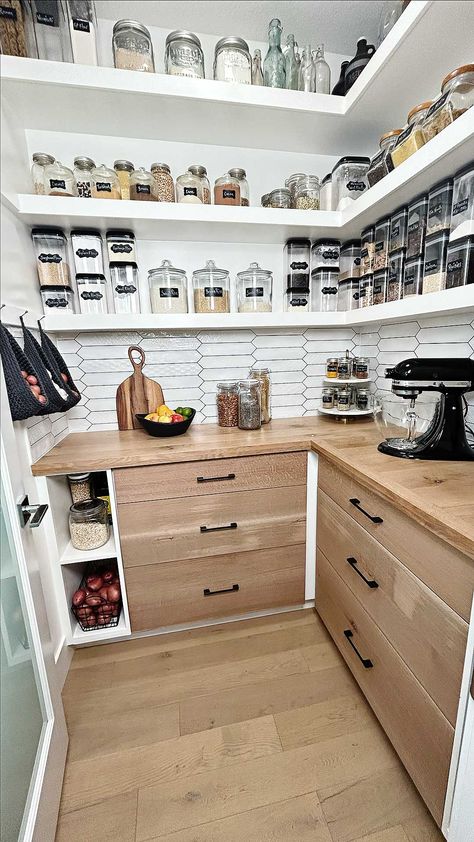 How to Build Floating Shelves - TurmericMeCrazy How To Build Shelves For Pantry, Diy Small Butlers Pantry, Floating Shelves In Pantry, How To Build Pantry Shelves, Pantry Shelving Ideas Diy, Small Butler Pantry, Floating Shelves Pantry, Floating Pantry Shelves, Pantry Floating Shelves