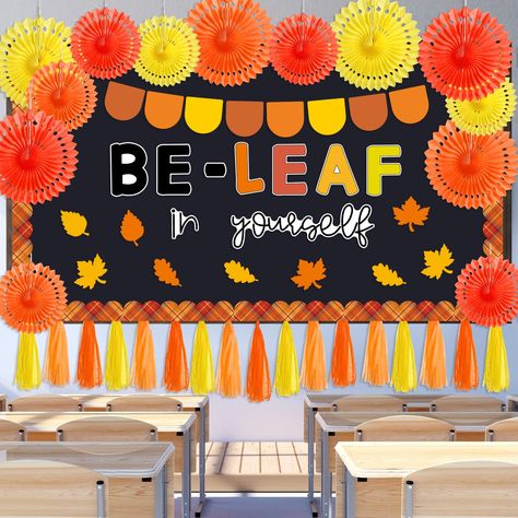 Fall Gratitude Bulletin Board, Work Thanksgiving Decorations, Beleaf In Yourself Bulletin Board, Fall Thanksgiving Bulletin Board Ideas, Simple Fall Bulletin Board Ideas, Thanksgiving Ceiling Decorations, Thanksgiving Hallway Decorations, November Classroom Bulletin Boards, Thanksgiving Hallway Decorations School