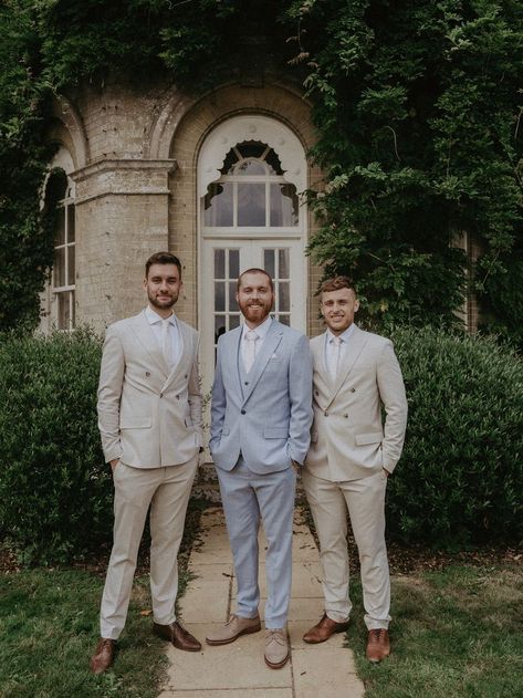 Groom In Blue Wedding Suit with Groomsmen in Matching Cream Suits Blue Wedding Suit Groom, Blue Wedding Suit, Blue Groomsmen Suits, Groom Blue Suit, Blue Groomsmen, Pale Blue Wedding, Wedding Groomsmen Attire, Dried Flower Bouquets, Groom And Groomsmen Suits