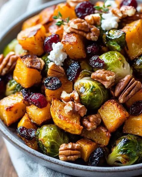 Roasted Brussels sprouts and butternut squash tossed with maple walnuts and cranberries for a sweet, savory, and crunchy fall side dish. Brussel Sprout With Butternut Squash, Butternut Squash And Brussel Sprouts Salad, Brussels Sprout Butternut Squash Salad, Brussels Sprouts Squash Cranberries, Brussels Sprouts And Butternut Squash Recipe, Roasted Brussel Sprouts And Squash, Brussel Sprout Fall Recipe, Brussels Butternut Squash, Squash Brussel Sprouts Cranberries