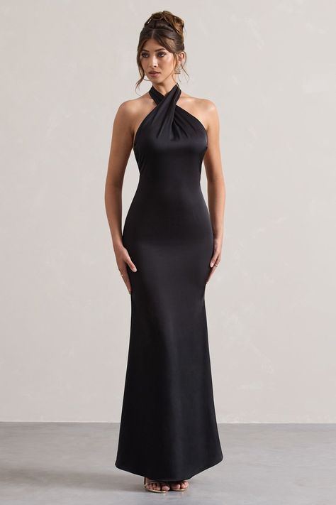 Exude confidence at your next event in this show-stopping maxi, Unbeatable. Arriving in a staple black shade of a premium satin, this backless piece features a cross over halter-neck thats finished with wide self-tie straps for the perfect custom fit. For an elegant bridesmaid attire, try styling yours with our Just A Fling court shoes. Features - Premium satin- Cross over halter neckline- Open back- Invisible zip closure - Fishtail skirt- Maxi length Sizing & Fit Model is 5'7 and wears UK size 8 / US size 4Product Information Designed exclusively by Club L London Partially lined with no stretch Premium satin in Black (100% Polyester) 155cm total length SKU: CL129991002 Formal Long Black Dress, Elegant Bridesmaid Dresses Black, Black Floor Length Gown, Black Bridesmaid Dresses Elegant, Bridesmaid Black Dresses, Long Black Satin Dress, Black Tie Wedding Dress, Black Tie Wedding Guest Attire, Bridesmaids Dresses Black