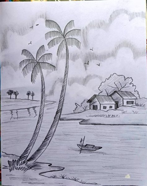 Nature Sketches Pencil, Pencil Landscape, Easy Hand Drawings, Easy Scenery Drawing, Abstract Art Projects, Pencil Drawing Images, Drawing Scenery, Nature Art Drawings, Nature Sketch