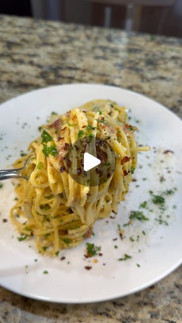 Chef Chuck Kerber on Instagram: "Pasta Carbonara 😋 8 ounces cooked pasta (spaghetti, linguini and fettuccine work)

1/4 cup extra virgin olive oil
1/4 cup thinly sliced garlic
1 teaspoon red pepper flakes
1 teaspoon fresh cracked black pepper 
1 teaspoon Kosher or sea salt

4 egg yolks
1 cup julienne sliced thick-cut bacon
1 cup freshly grated Parmigiano Reggiano
1/4 cup fresh chopped parsley
1 cup pasta water
Salt and pepper to taste

Enjoy!
👨‍🍳 #chef #cheflife" Linguini Pasta, Pasta Water, Cooked Pasta, Pasta Spaghetti, Thick Cut Bacon, Pasta Carbonara, Carbonara Pasta, Egg Yolks, Spaghetti Pasta